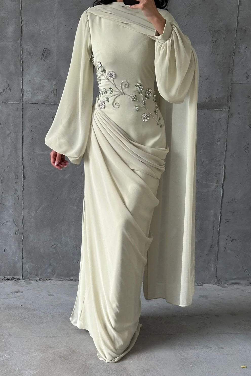 Dalia Modest Evening Dress- Almond Green