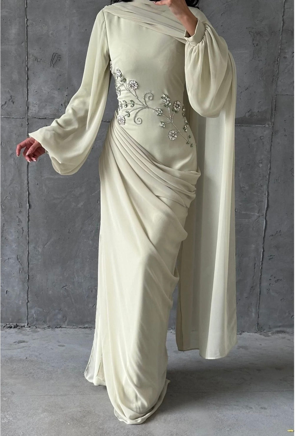 Dalia Modest Evening Dress- Almond Green