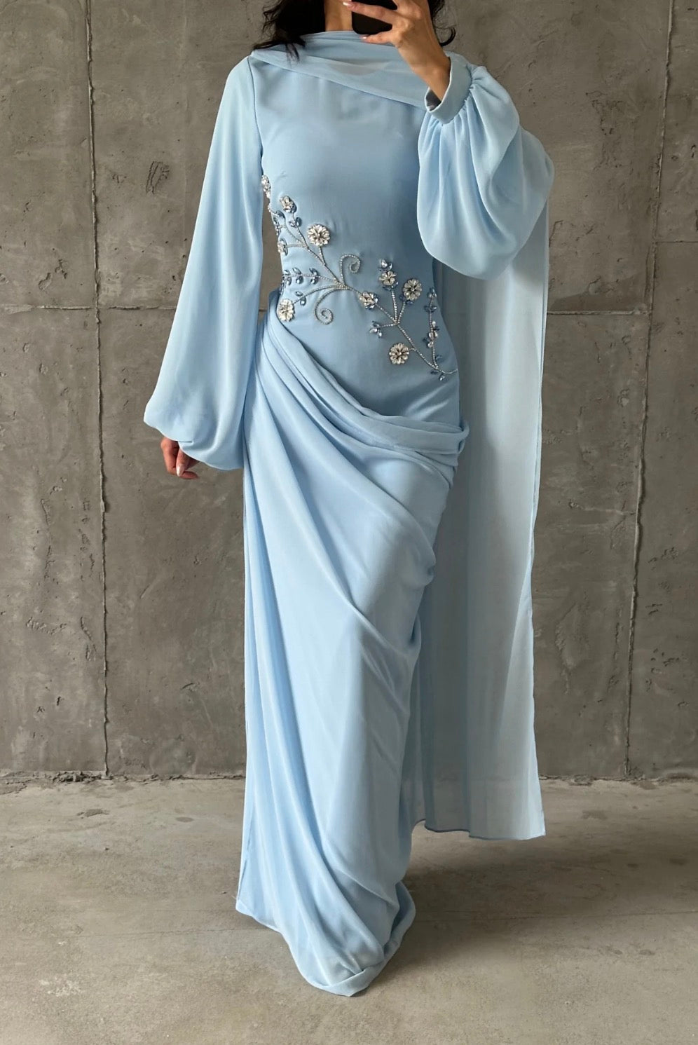 Dalia Modest Evening Dress- Baby Blue