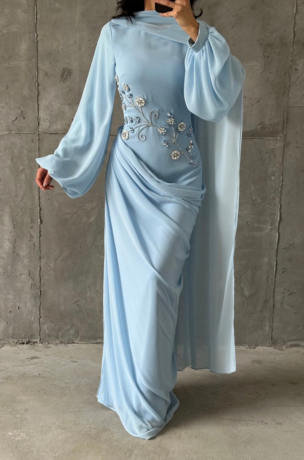 Dalia Modest Evening Dress- Baby Blue