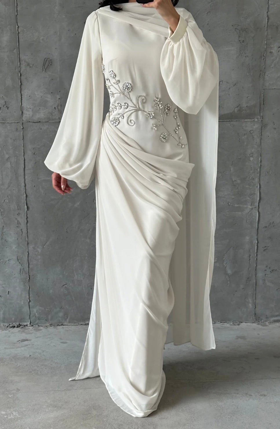 Dalia Modest Evening Dress- Cream