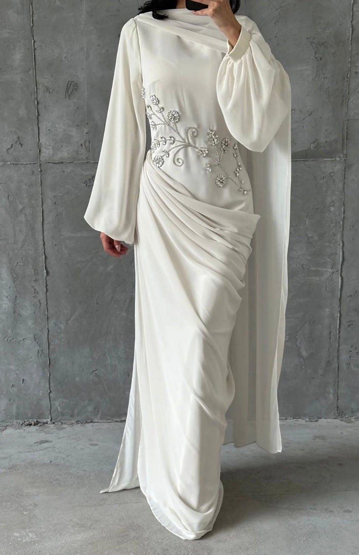 Dalia Modest Evening Dress- Cream