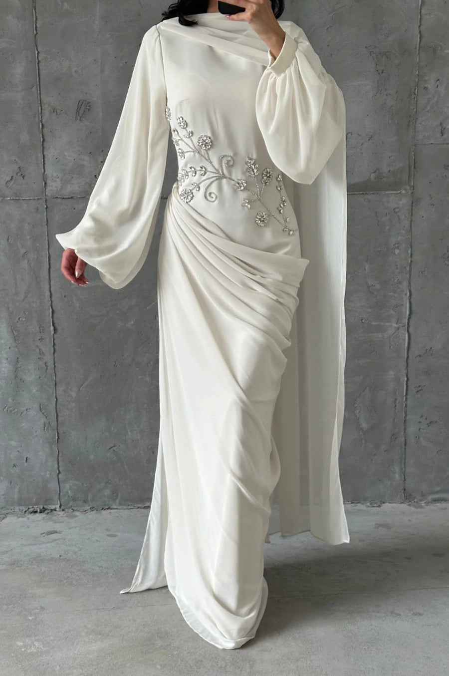 Dalia Modest Evening Dress- Cream