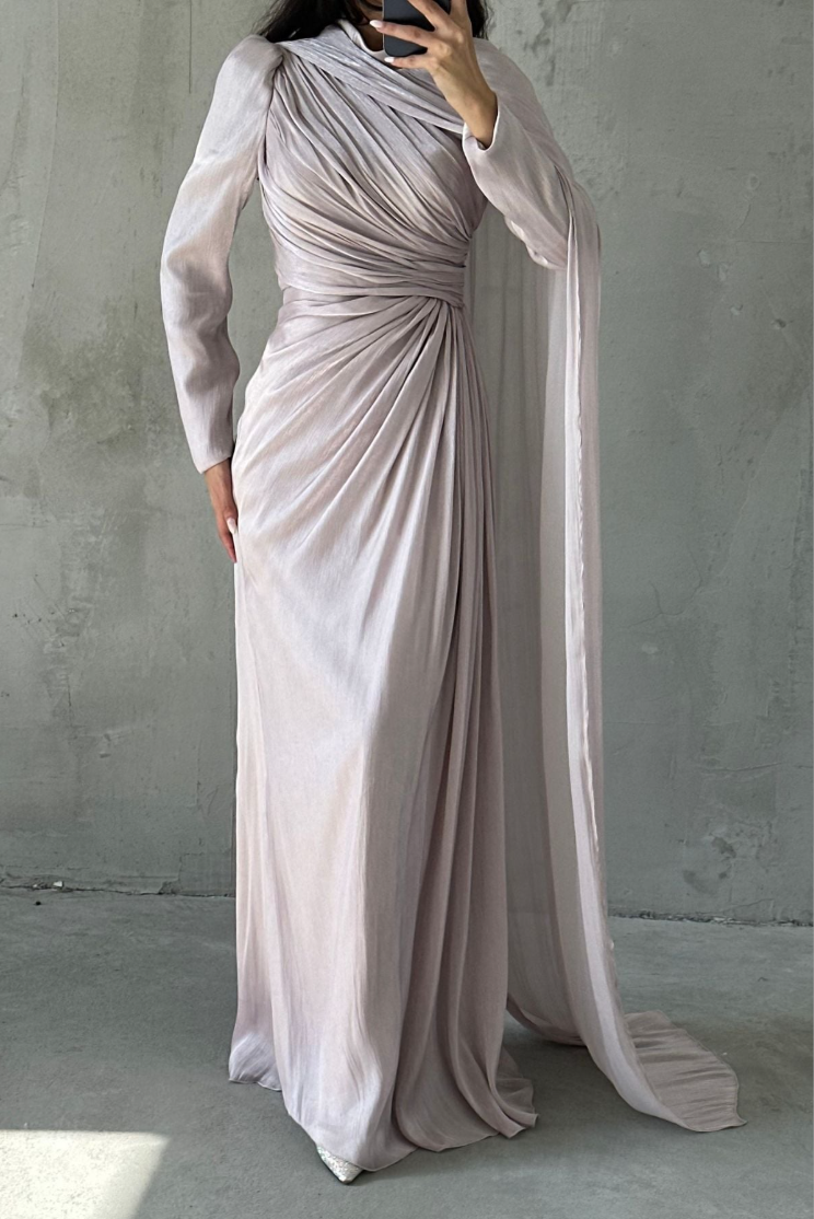 Elara Modest Evening Dress-  Blush Beige