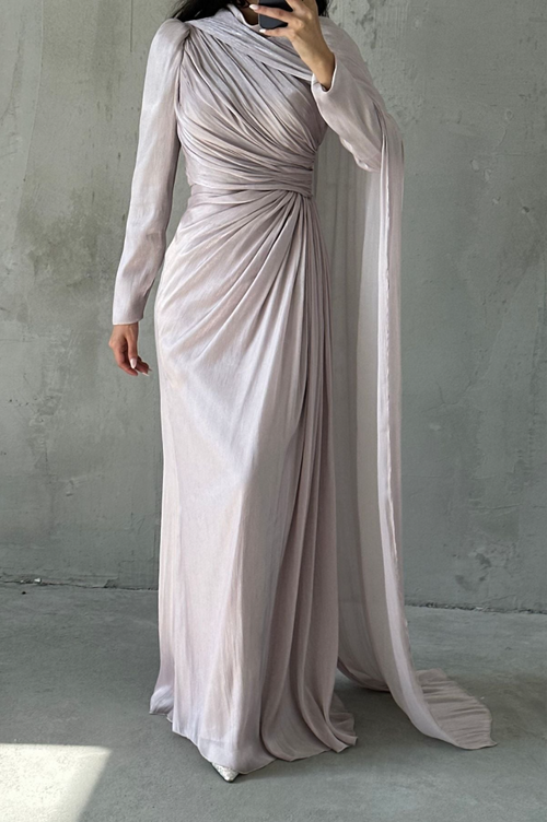 Elara Modest Evening Dress-  Blush Beige