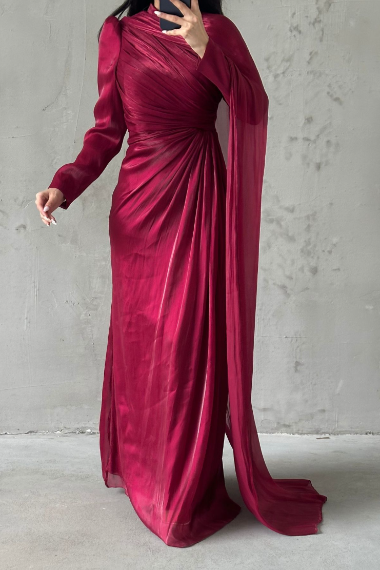 Elara Modest Evening Dress- Burgundy