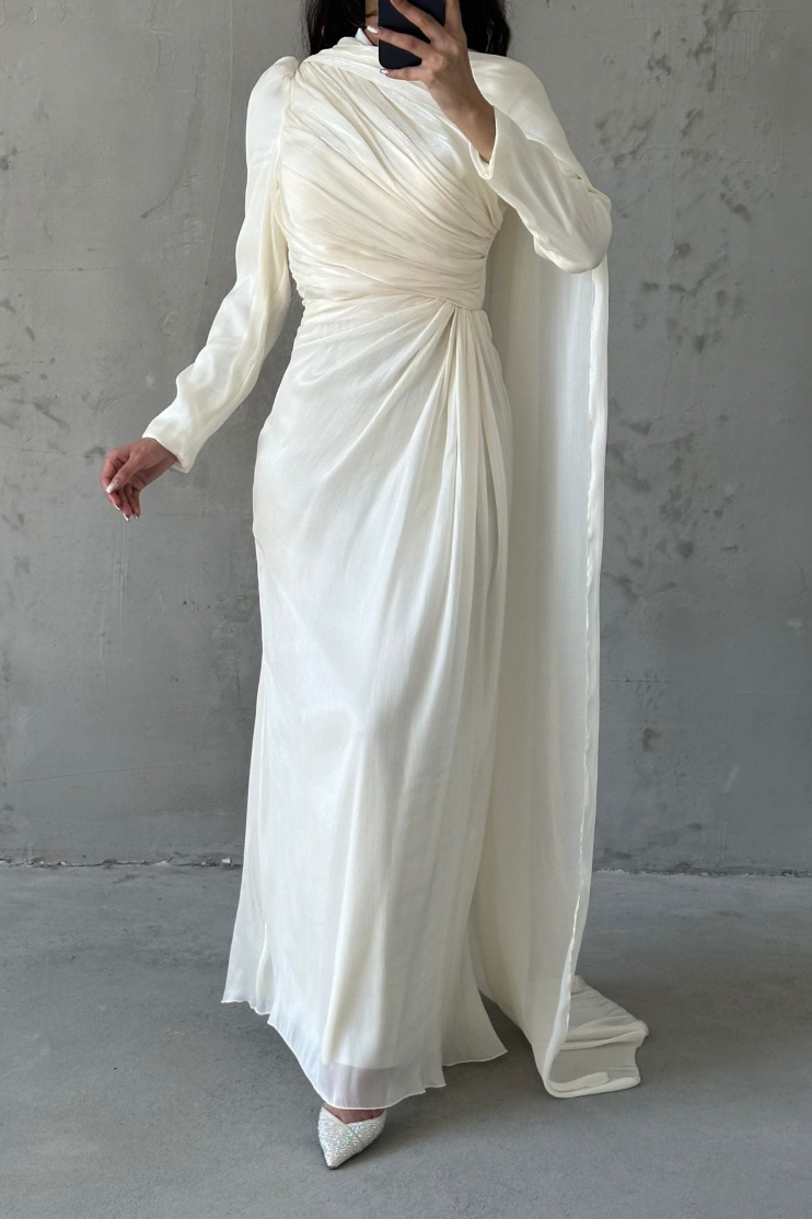 Elara Modest Evening Dress- Cream