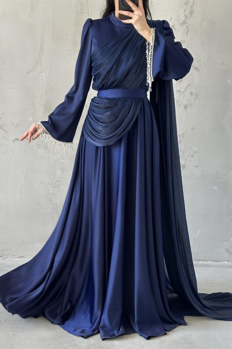 Haya Modest Evening Dress- Navy Blue