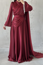 Haya Modest Evening Dress- Burgundy