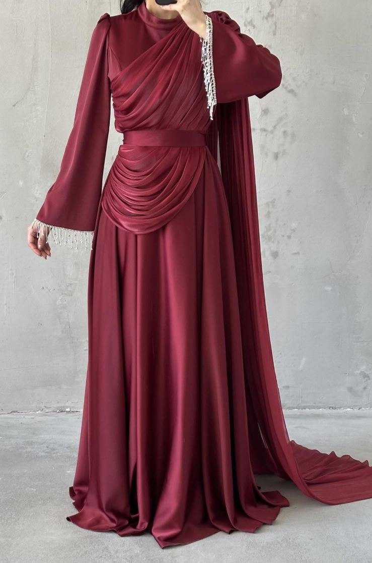 Haya Modest Evening Dress- Burgundy
