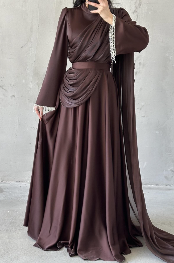 Haya Modest Evening Dress- Brown
