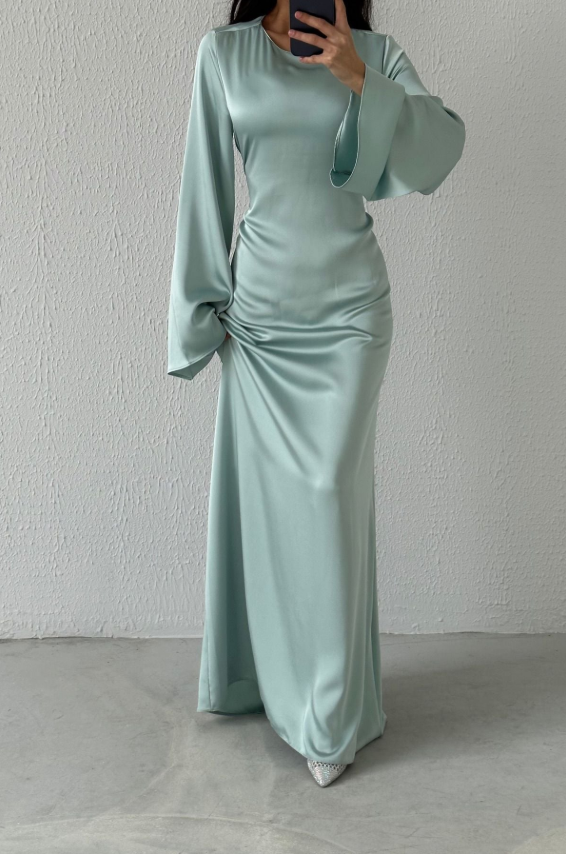 Modest Satin Evening Dress- Mint Green