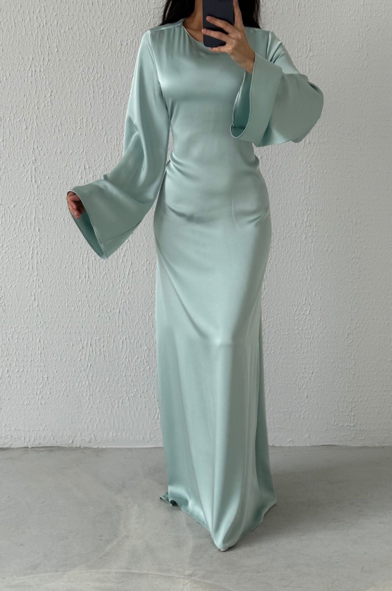 Modest Satin Evening Dress- Mint Green