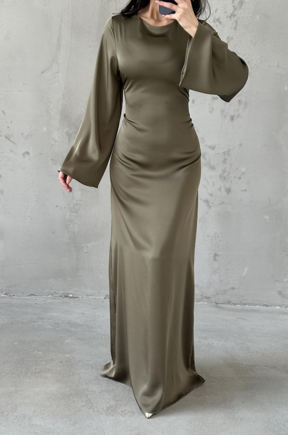 Modest Satin Evening Dress- Khaki Green