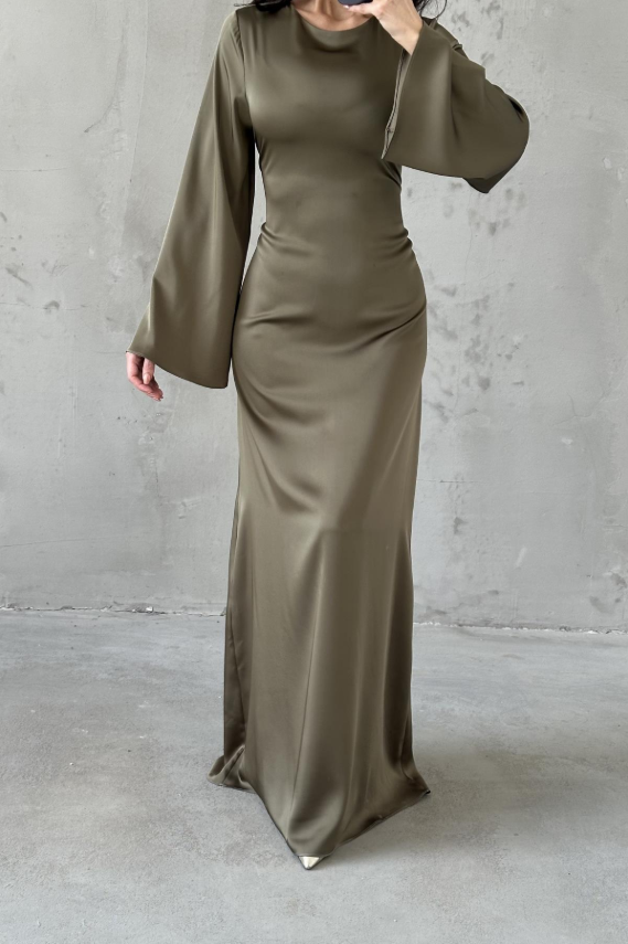 Modest Satin Evening Dress- Khaki Green