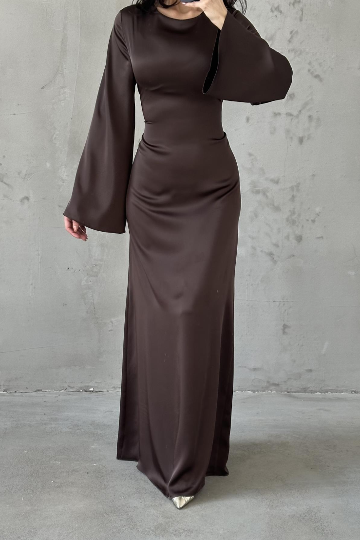 brown satin dress modest Brown Satin Modest Long Drape Sleeves 2 Piece Dress Set 8 main image 0