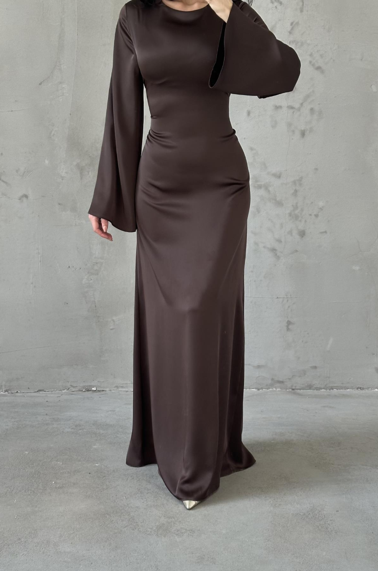 Modest Satin Evening Dress- Brown