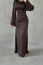 Modest Satin Evening Dress- Brown
