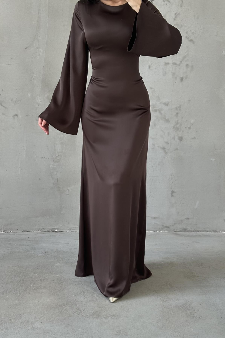Modest Satin Evening Dress- Brown