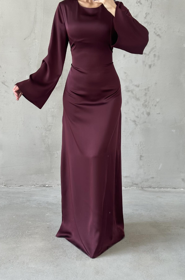Modest Satin Evening Dress- Plum