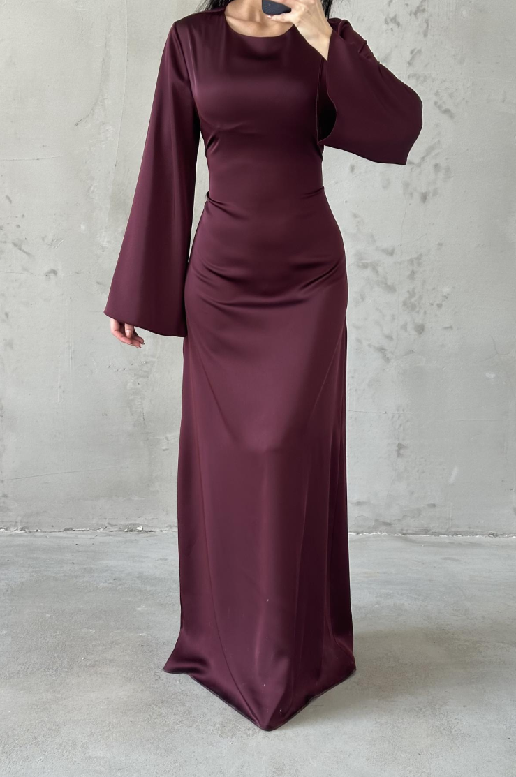 Modest Satin Evening Dress- Plum