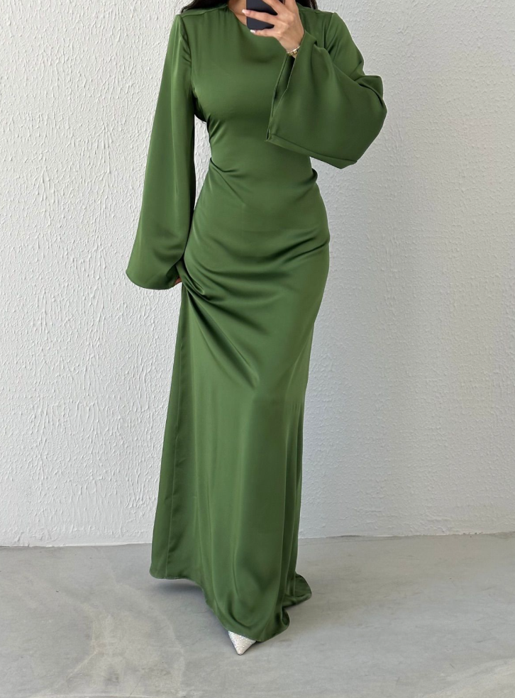 Modest Satin Evening Dress- Green