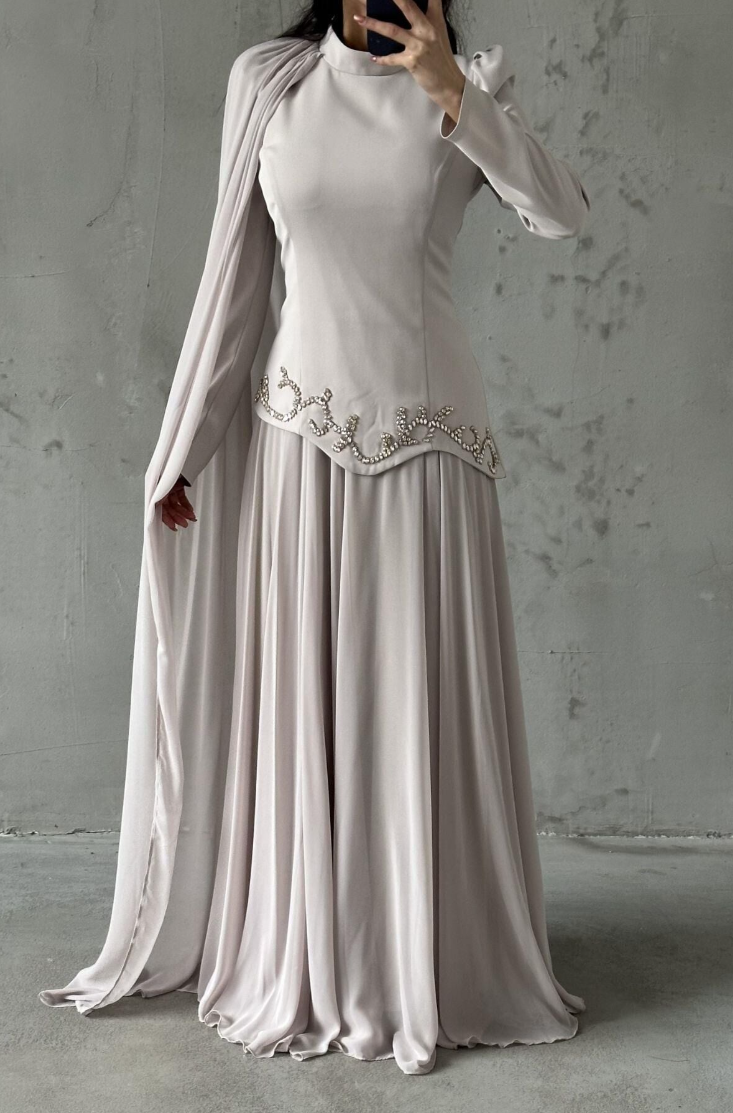 Venicia Modest evening dress- Stone