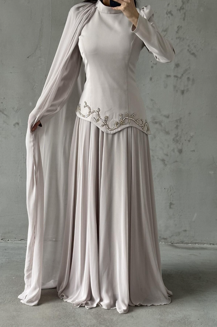 Venicia Modest evening dress- Stone