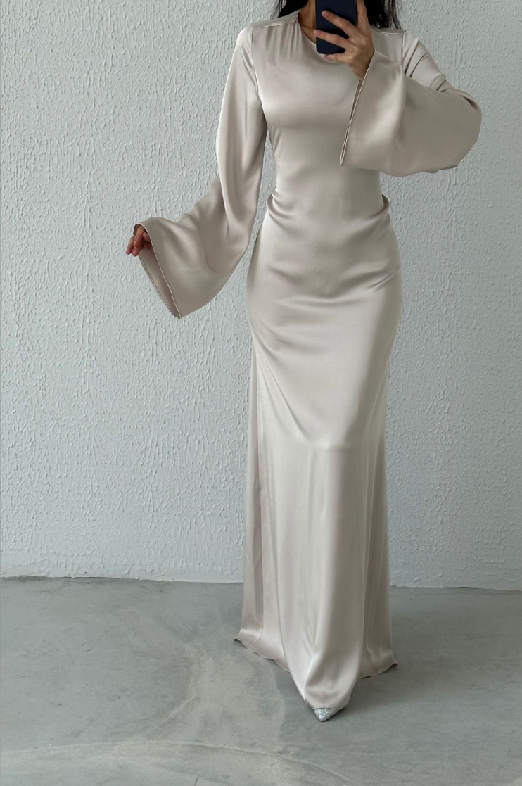 Modest Satin Evening Dress-Stone
