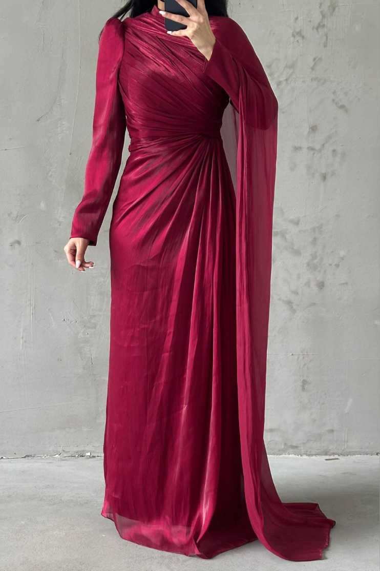 Elara Modest Evening Dress- Burgundy
