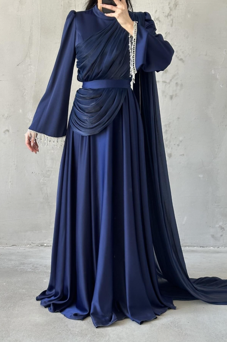 Haya Modest Evening Dress- Navy Blue