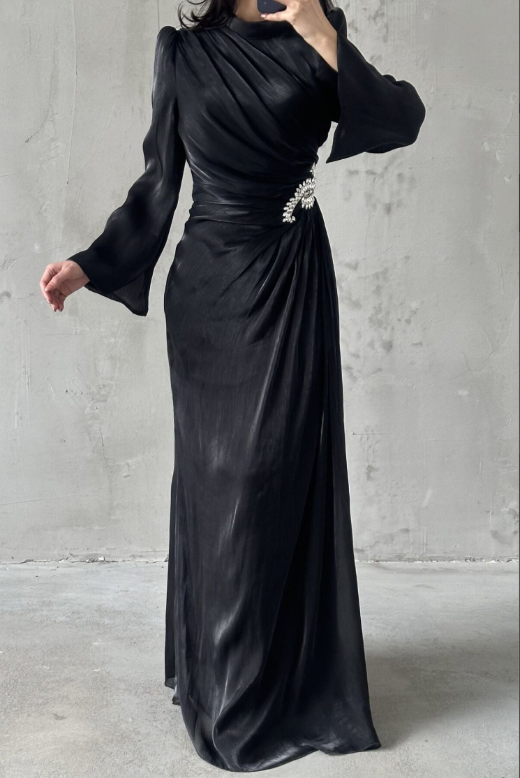 Shimmery Modest Evening Dress- Black