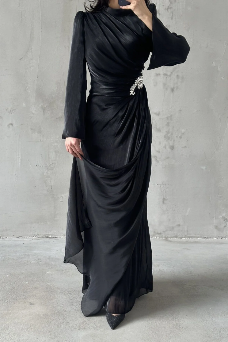 Shimmery Modest Evening Dress- Black