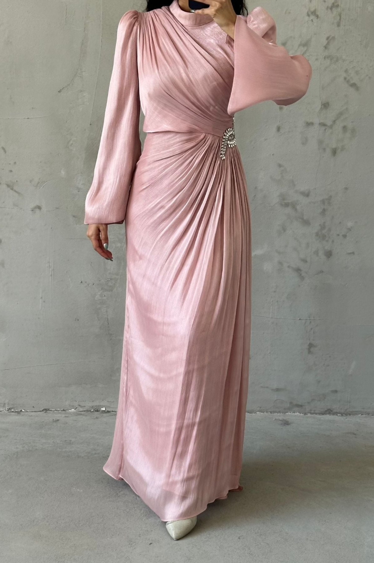 Shimmery Modest Evening Dress- Light Pink