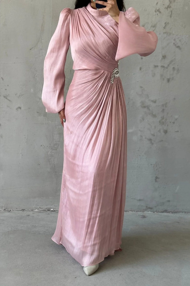 Shimmery Modest Evening Dress- Light Pink