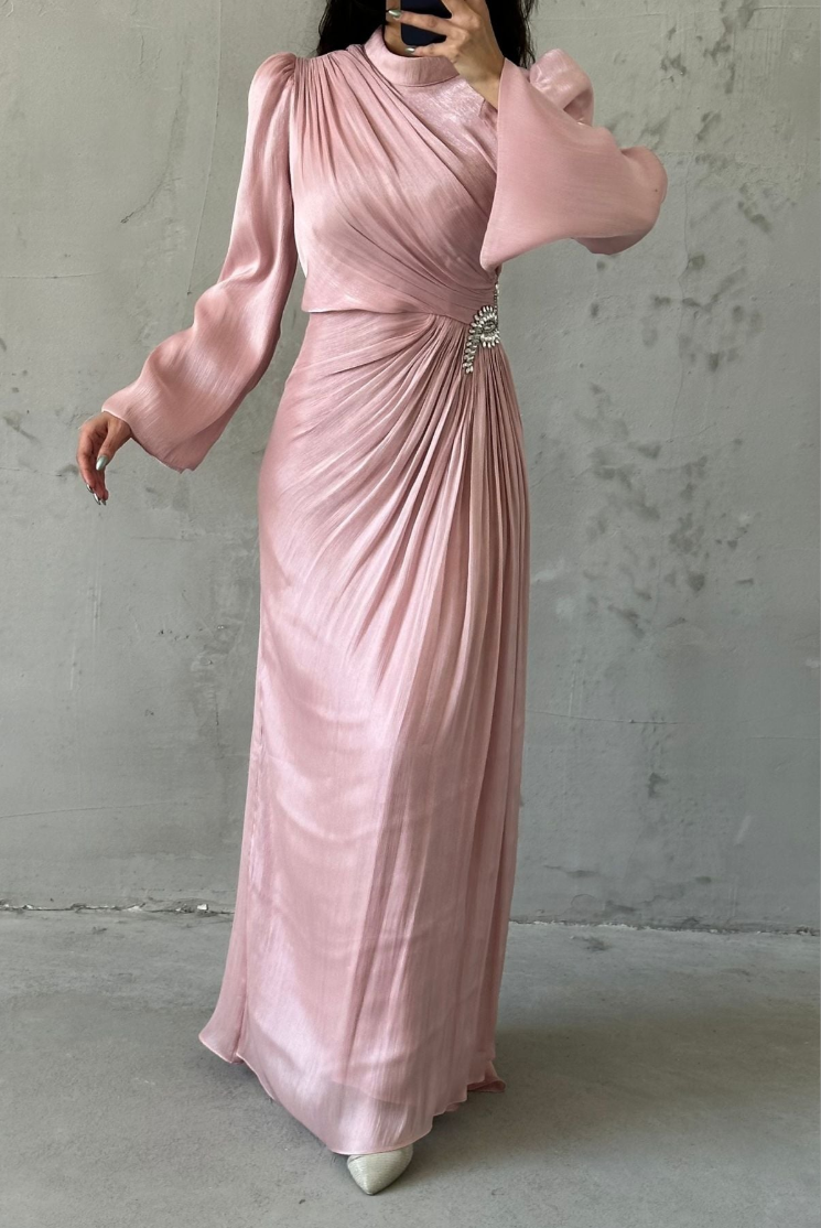 Shimmery Modest Evening Dress- Light Pink
