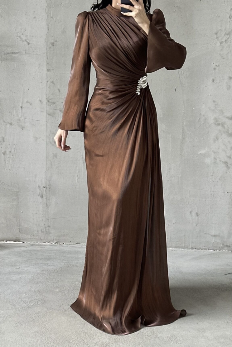 Shimmery Modest Evening Dress- Brown