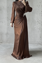 Shimmery Modest Evening Dress- Brown