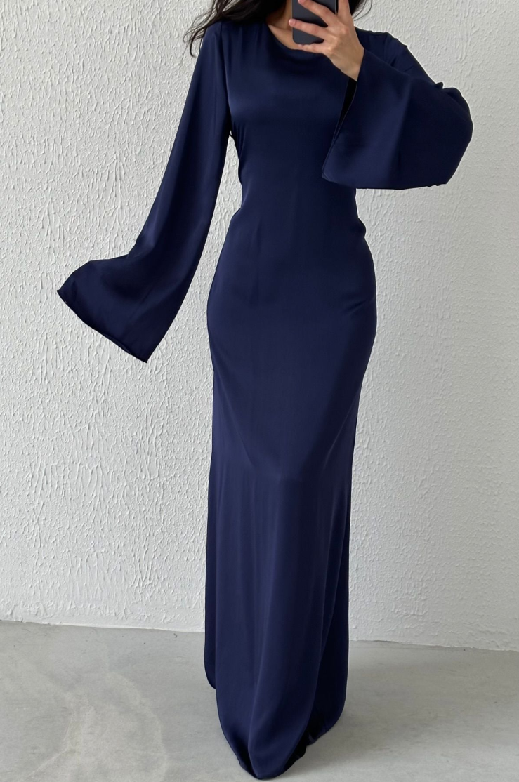 Modest Satin Evening Dress- Navy Blue