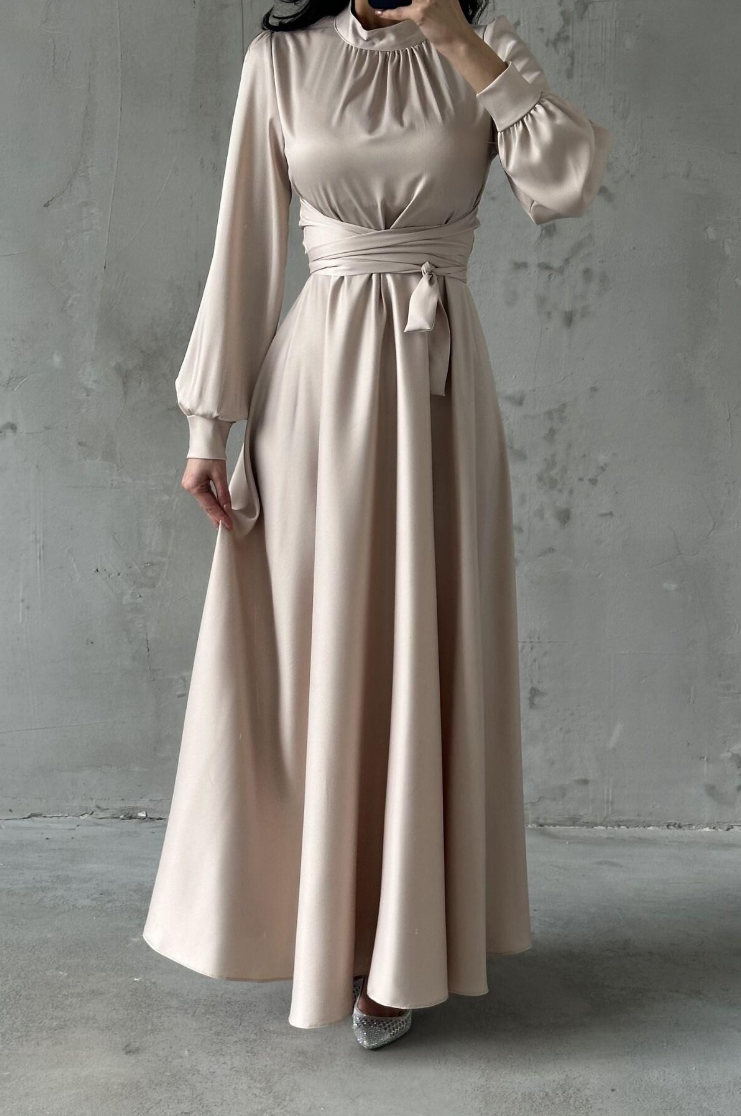 Amira Wrap Evening Dress- Stone