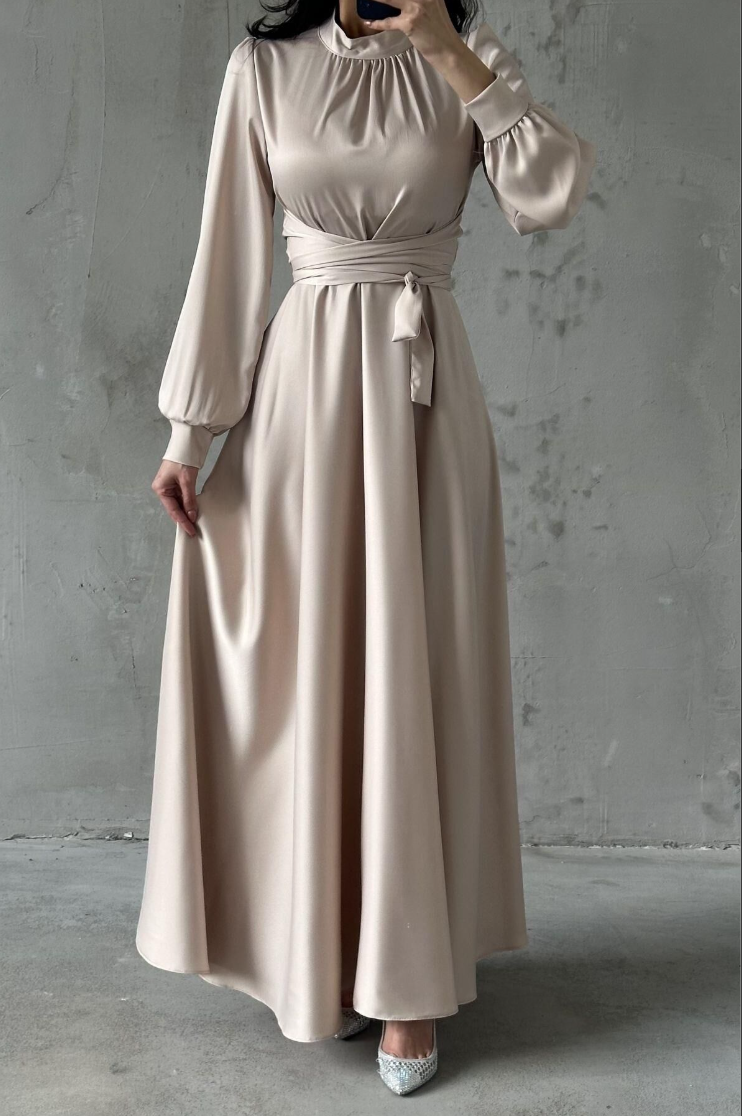 Amira Wrap Evening Dress- Stone
