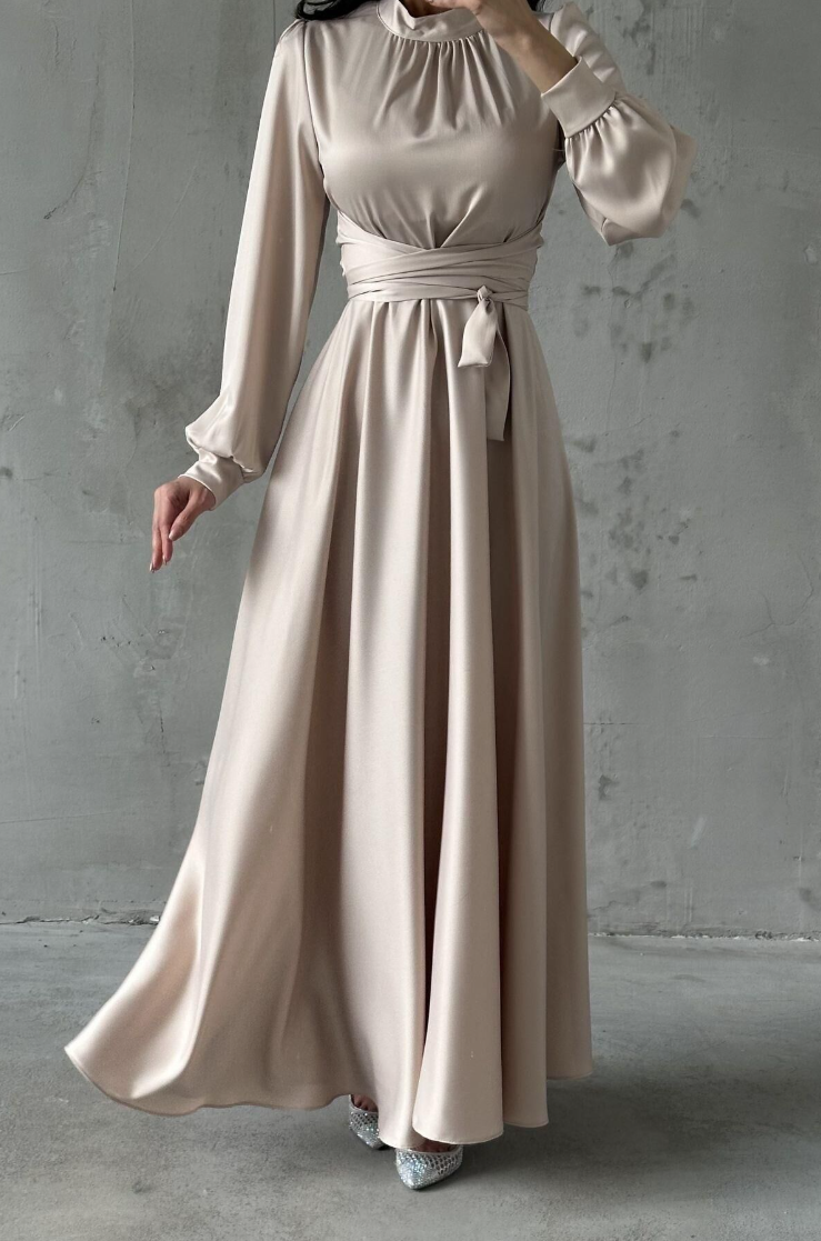 Amira Wrap Evening Dress- Stone