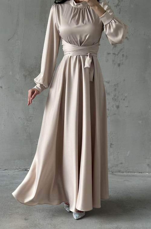 Amira Wrap Evening Dress- Stone