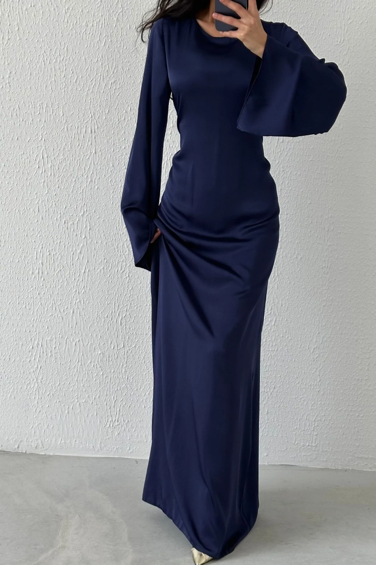 Modest Satin Evening Dress- Navy Blue
