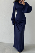 Modest Satin Evening Dress- Navy Blue
