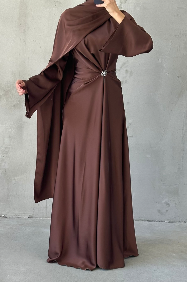 brown satin dress modest Modest LDS Cinnamon Satin Bridesmaid Dresses Cap Sleeves