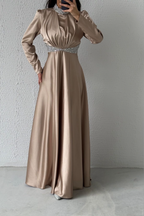Satin gem modest evening dress