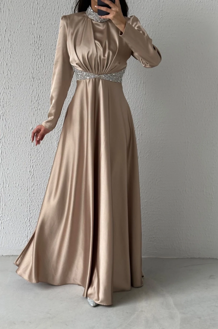 modest satin maxi evening dress product info and reviews Modest Biscuit Satin Prom Dress 25894BS