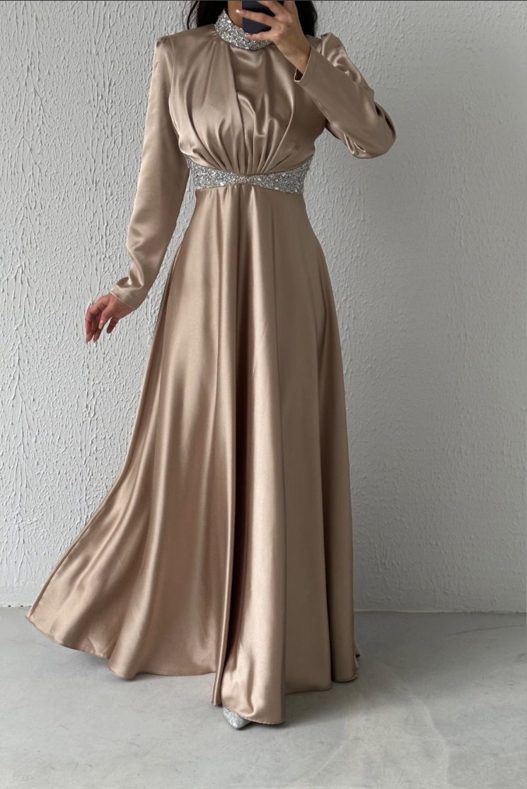 Satin gem modest evening dress