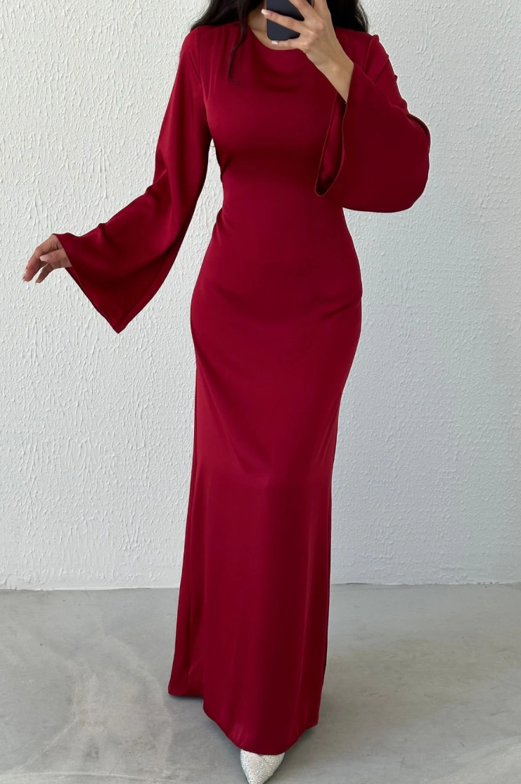 Modest Satin Evening Dress- Red